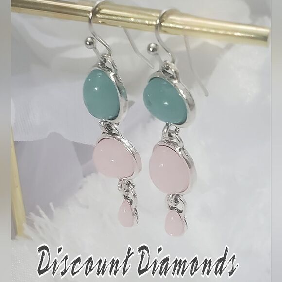 New - Pink & Green Opalite Moonstone Dangle Drop French Hook Earrings 925 Silver - Picture 2 of 9